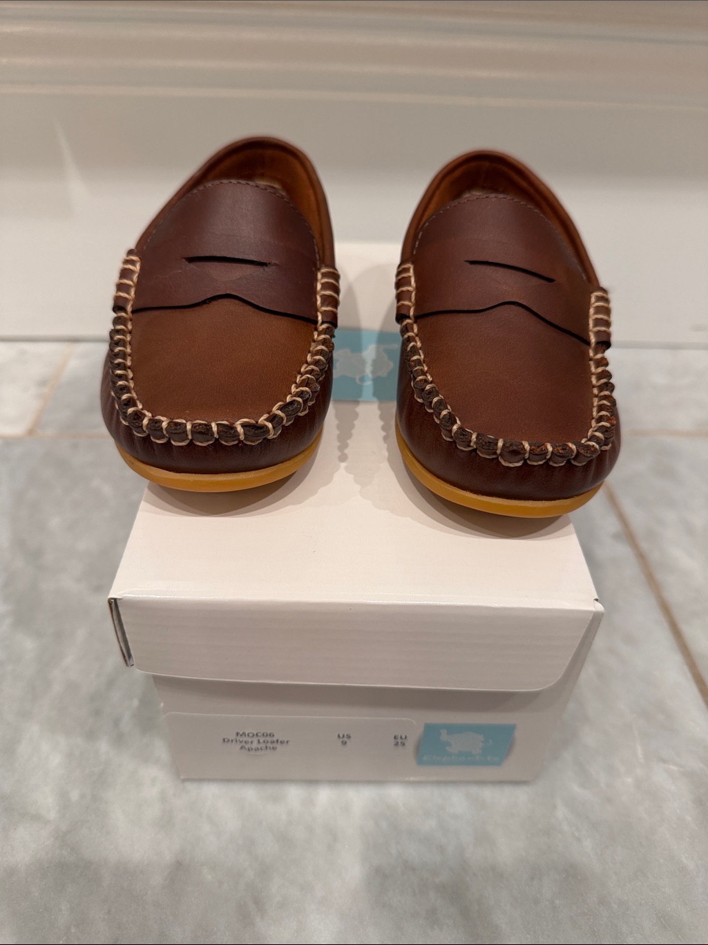 Elephantito Chestnut Brown Leather Penny Moccasins With Tan Stitching